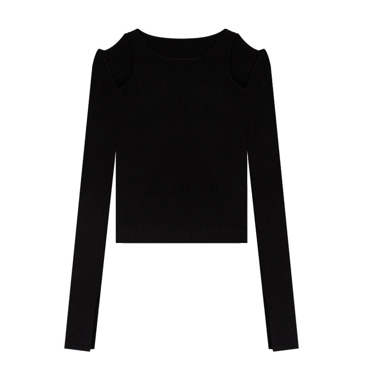 Black Strapless Long Sleeve Bottoming Shirt Women's Spring And Autumn Cut-out Bottoming Slim Fit Skinny Short Top-Women's Outerwear 2023-Zishirts