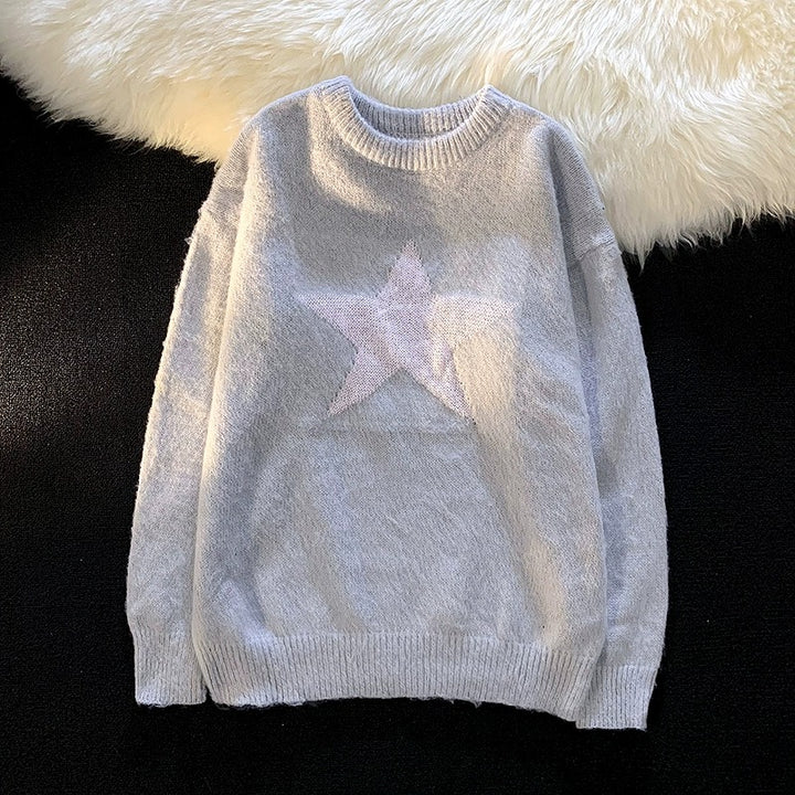 Autumn Star Print Round Neck BF Pullover Sweater-Sweaters-Zishirts