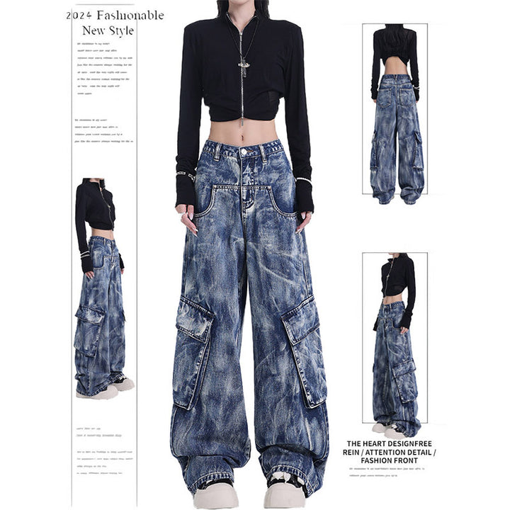 Retro Heavy Industry Washed Tie-dyed Jeans Straight Wide Leg Overalls-Woman Jeans-Zishirts