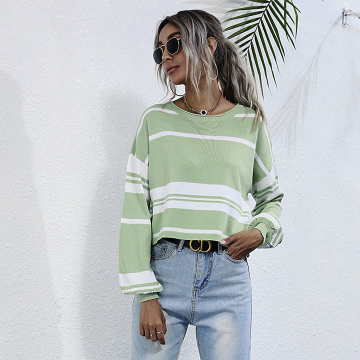 Crew-neck Striped Bottomed Knit Sweater For Women-Sweaters-Zishirts
