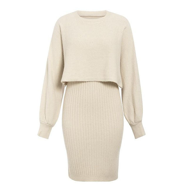 2pcs Knitted Dress Suit Fashion Solid Color Pullover Lantern-sleeved Sweater Fall Winter Women's Clothing-Lady Dresses-Zishirts