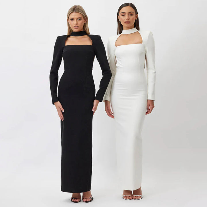 Sexy Fashionable Fitted Long Sleeve Rhinestone Backless Slit Long Dress-Women's Outerwear 2023-Zishirts