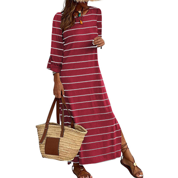 Long Sleeve Striped Printed All-matching Casual Style Pullover Dress-Lady Dresses-Zishirts