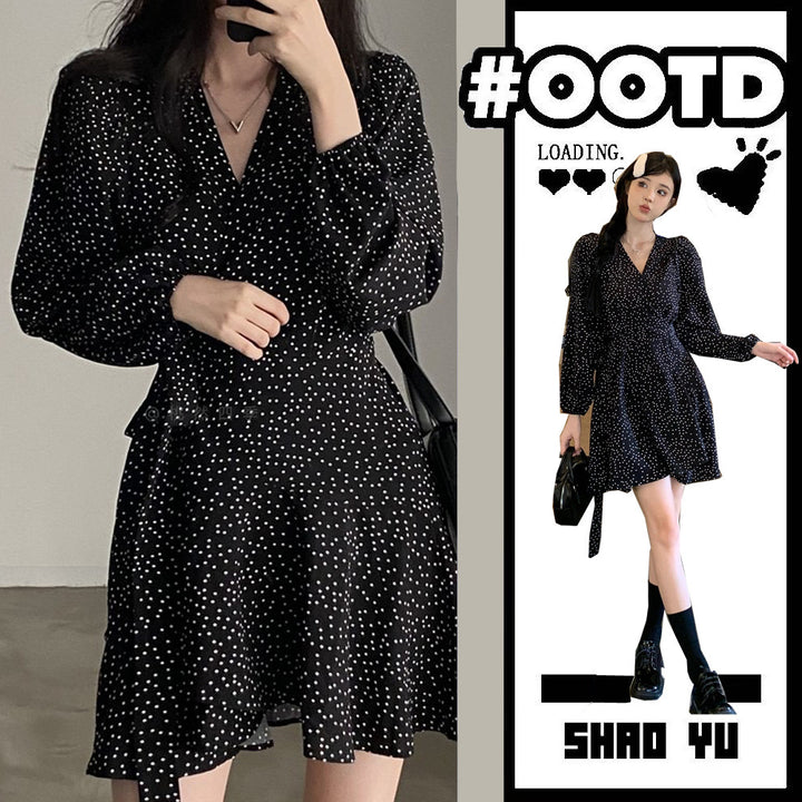 Women's Hong Kong Style V-collar Polka Dot Monochrome Dress-Lady Dresses-Zishirts