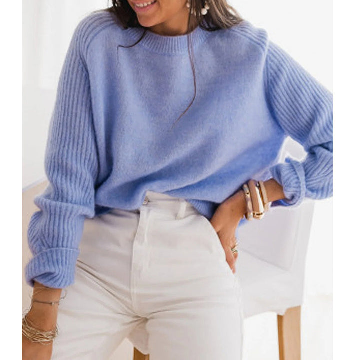 European Milk Blue Bedford Cord Sweater Women's Round-collar Long-sleeve Knitwear-Sweaters-Zishirts