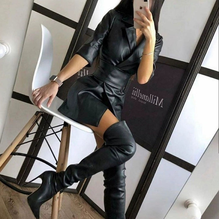 Solid Color PU Leather Suit Collar Medium Long Sleeve Women's Dress Leather Coat Belted-Suits & Sets-Zishirts