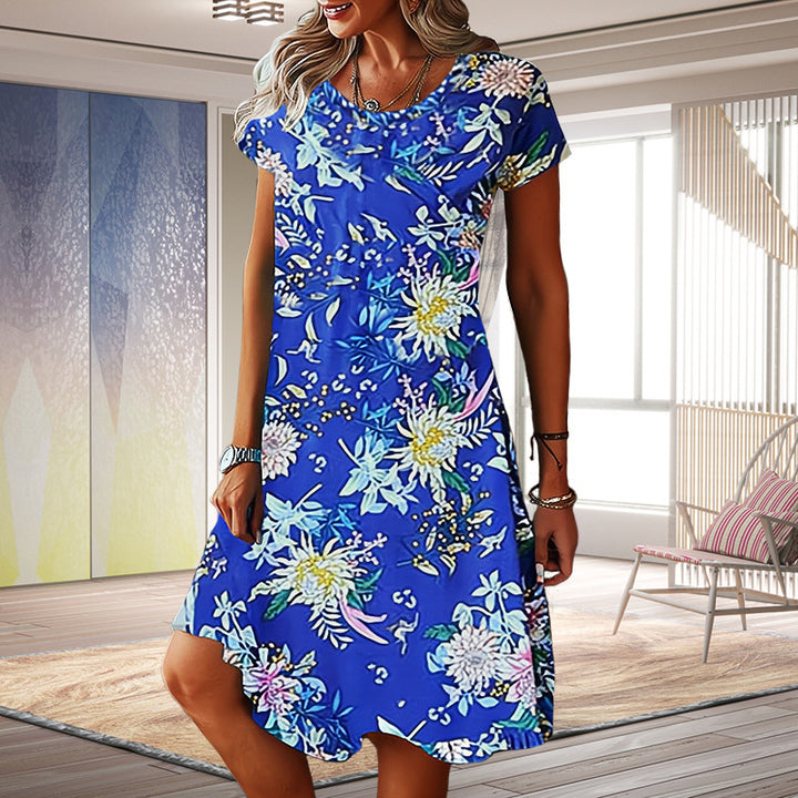 Women's Summer Fashion Casual Round Neck Loose Printed Short Sleeve Dress-Womens 2024 March-Zishirts