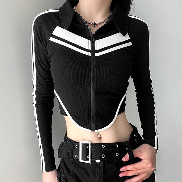 Sweet And Spicy Style Polo Collar Striped Short Stitching Coat Zipper Cardigan Long-sleeve T-shirt-Blouses & Shirts-Zishirts