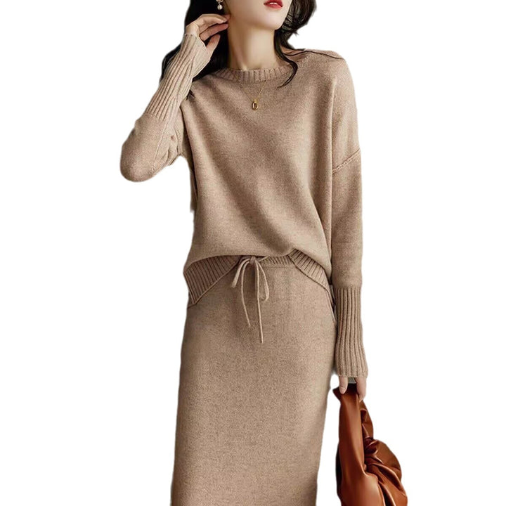 Drawstring High Waist Pure Color Wool Knitted Dress Two-piece Set-Suits & Sets-Zishirts