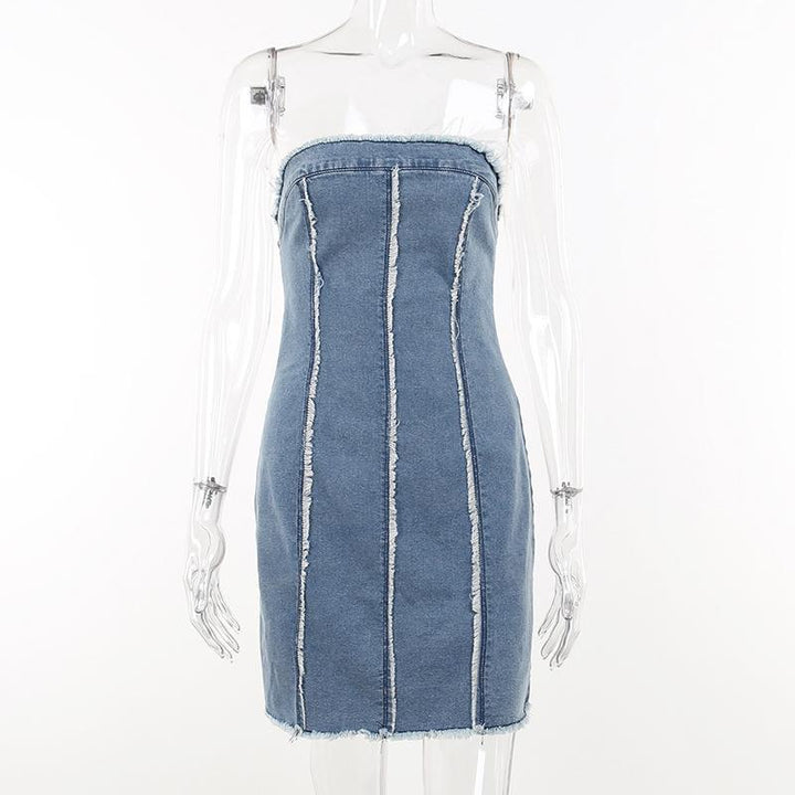 Ripped Wool Tops Denim Tube Top Wrapped Chest Sheath Dress-Lady Dresses-Zishirts