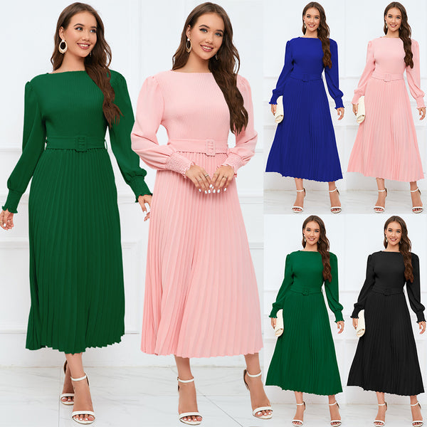 Women's Graceful And Fashionable Round Neck Bubble Long Sleeve Pleated A- Line Skirt-Lady Dresses-Zishirts