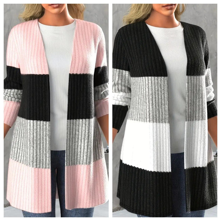 Women's Casual Long Coat With Contrasting Color Pit Stripe And Open Collar-Jackets-Zishirts