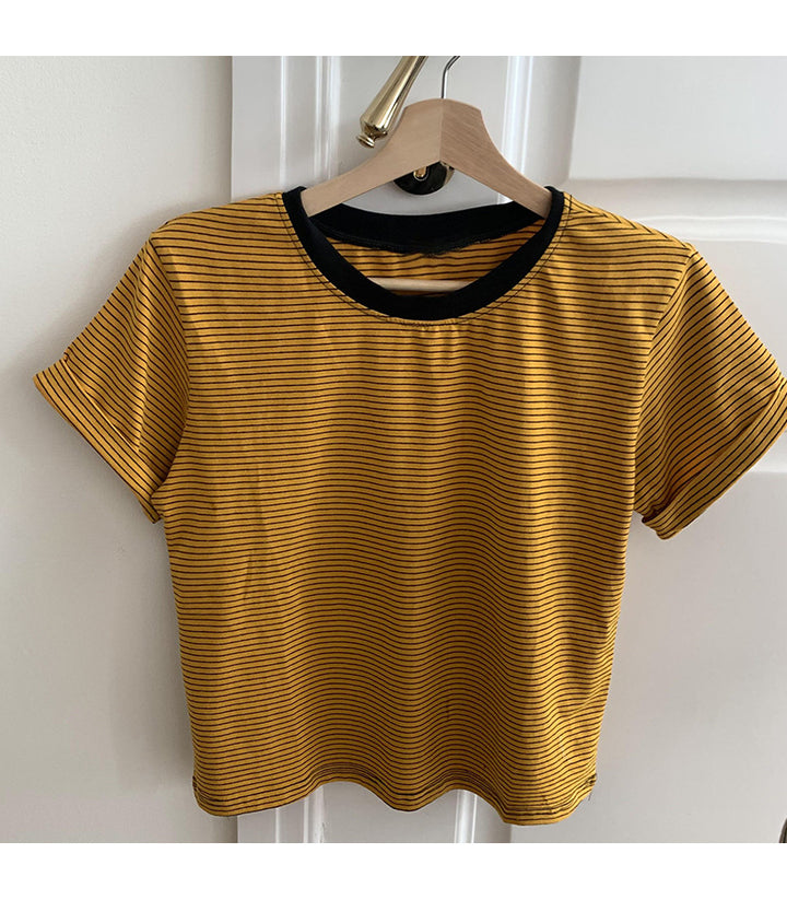 Autumn And Winter Brown Pullover Base Short Sleeve Turtleneck Round Neck Temperament Commute Striped Loose Cotton Base Shirt-Blouses & Shirts-Zishirts