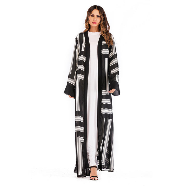 Muslim Stripe Loose Lace Cardigan Robe Female-Jackets-Zishirts