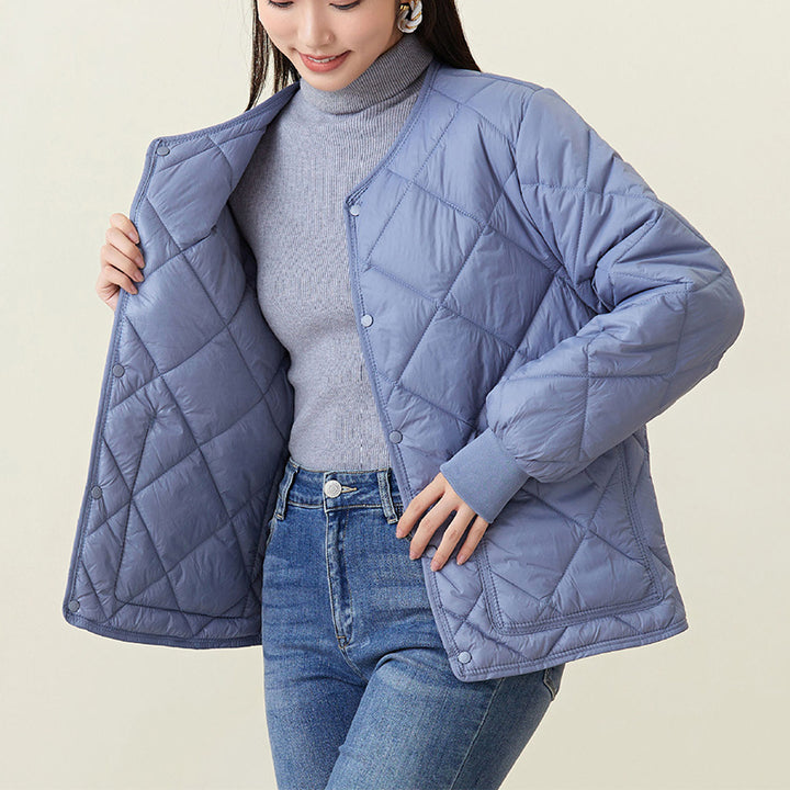 New Rhombus Sewing Cotton Coat Winter Warm Round-neck Jacket With Pockets Lightweight Outerwear For Women's Clothing-Jackets-Zishirts