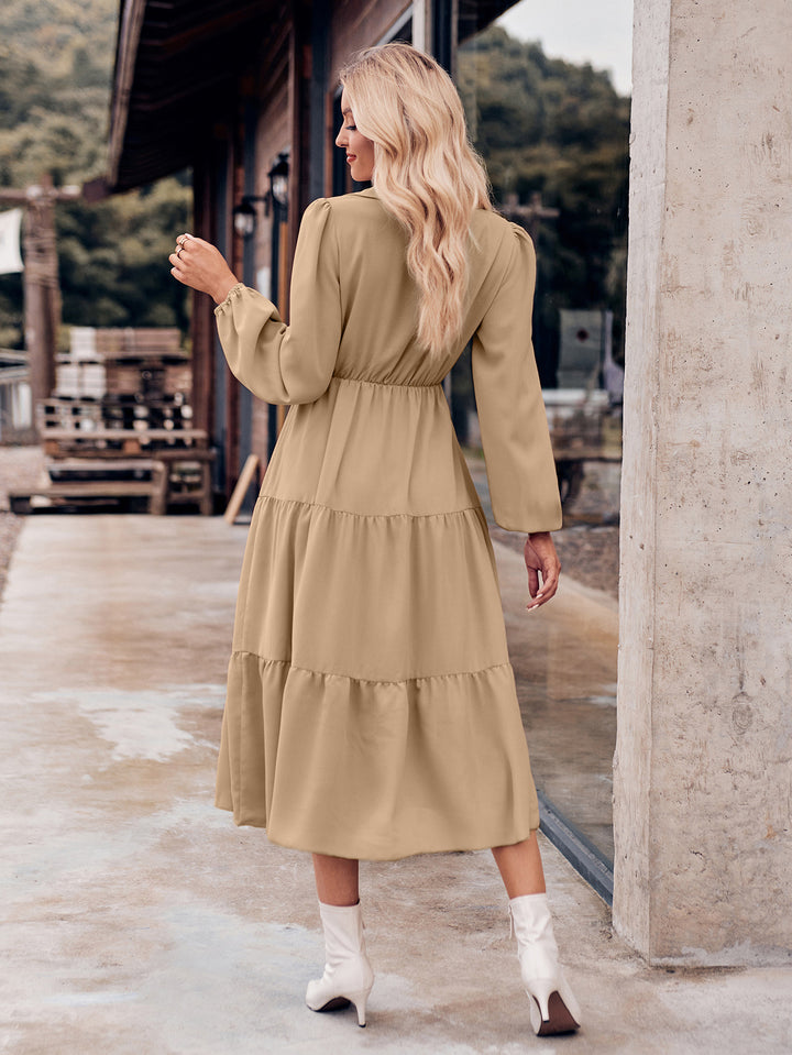 Solid Color Casual Shirt Collar Waist-controlled Long Sleeves Dress-Lady Dresses-Zishirts