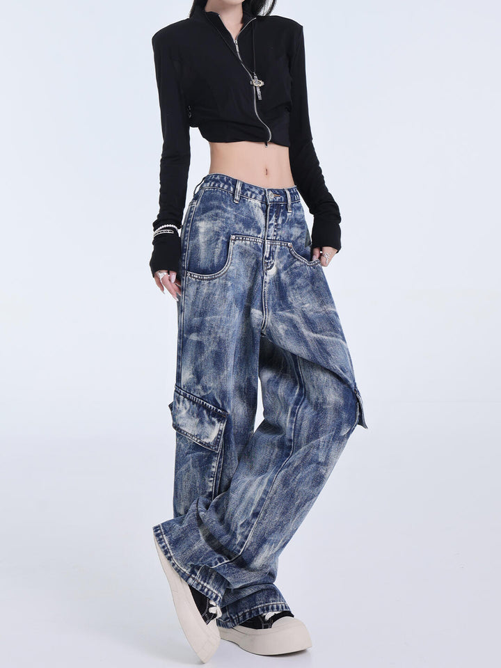 Retro Heavy Industry Washed Tie-dyed Jeans Straight Wide Leg Overalls-Woman Jeans-Zishirts