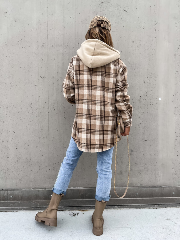 Ins Women's Woolen Jacket Winter Fashion Plaid Hooded Coat With Detachable Cap And Pockets Design Shirt Outerwear-Jackets-Zishirts