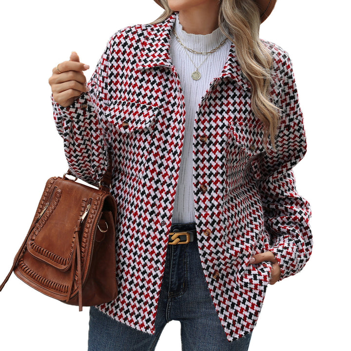 Fashion Houndstooth Lapel Tweed Coat Casual Loose Long Sleeve Jacket With Pocket Outwear Tops For Womens Clothing-Jackets-Zishirts