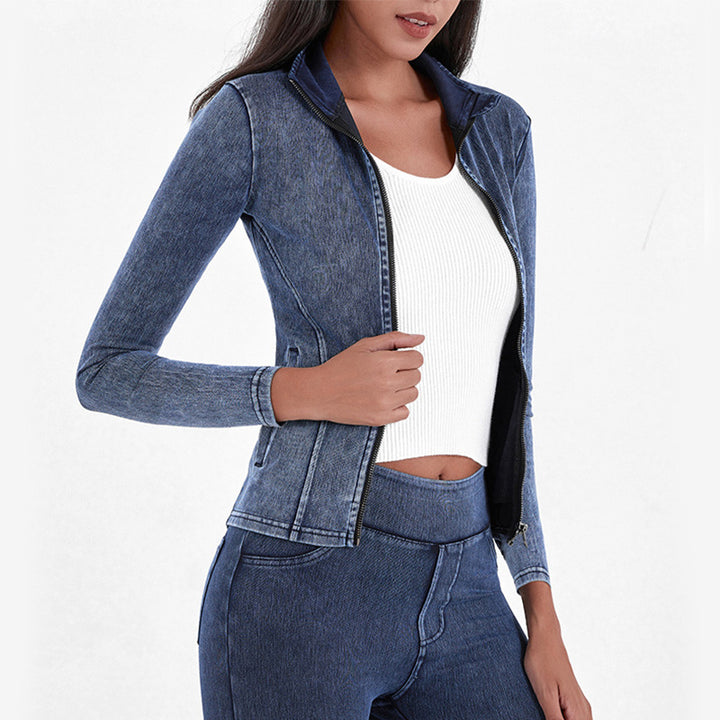 Slim Zippered Yoga Denim Jacket With Pockets High Collar Sports Fitness Outerwear Tops Coat For Women Clothing-Jackets-Zishirts