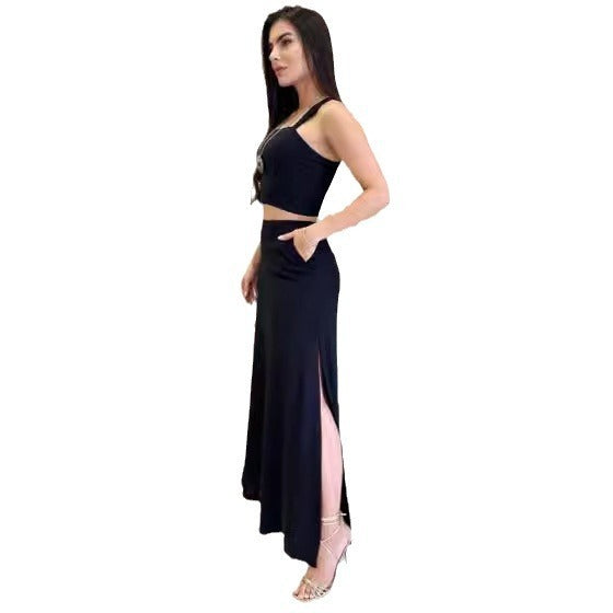 Women's Solid Color Crop-top Spaghetti-strap Top High Waist Long Skirt Sets-Womens 2024 March-Zishirts