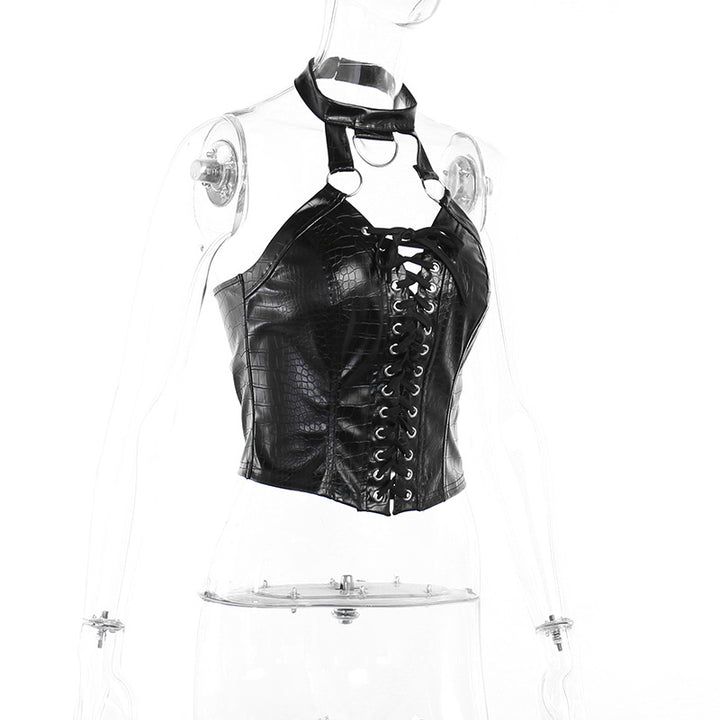 Street Cute Top Sexy Lace-up Vest Pu Leather Dark Style-Blouses & Shirts-Zishirts