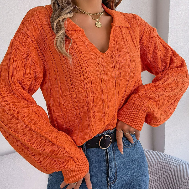 Casual Polo Collar Solid Color Plaid Long Sleeve Knitted Pullover Sweater-Sweaters-Zishirts