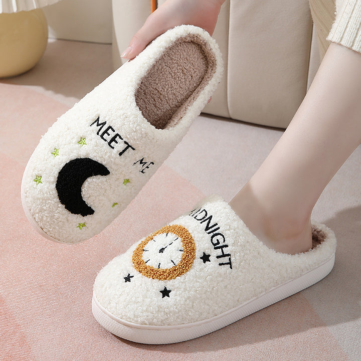 Moon And Clock Print Slipper Winter Warm Home Shoes Cute Bedroom Slippers-Womens Footwear-Zishirts