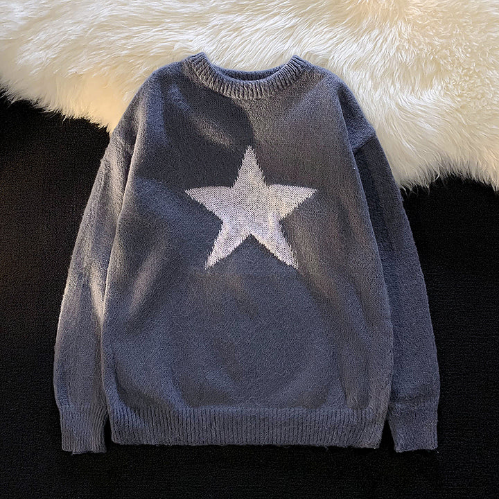 Autumn Star Print Round Neck BF Pullover Sweater-Sweaters-Zishirts