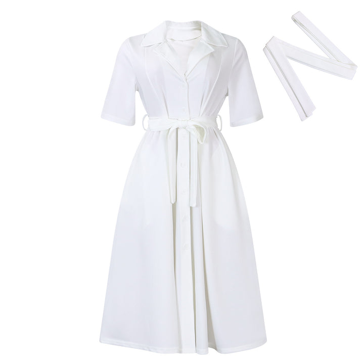 Short Sleeve Suit Collar Strap Solid Color Dress-Lady Dresses-Zishirts