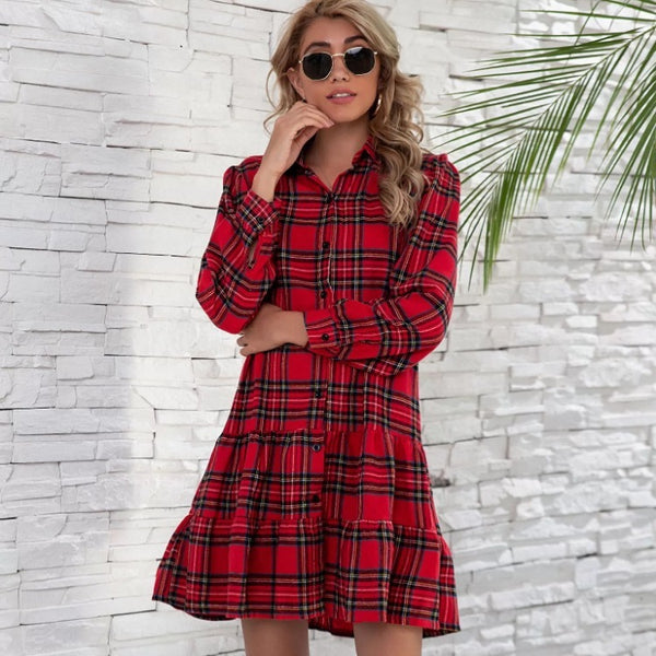 Plaid Shirt Long Sleeve Single Breasted Dress-Lady Dresses-Zishirts