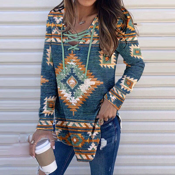 Fall V-neck Lace Ethnic Style Pullover Long Sleeve Women's Clothing-Blouses & Shirts-Zishirts