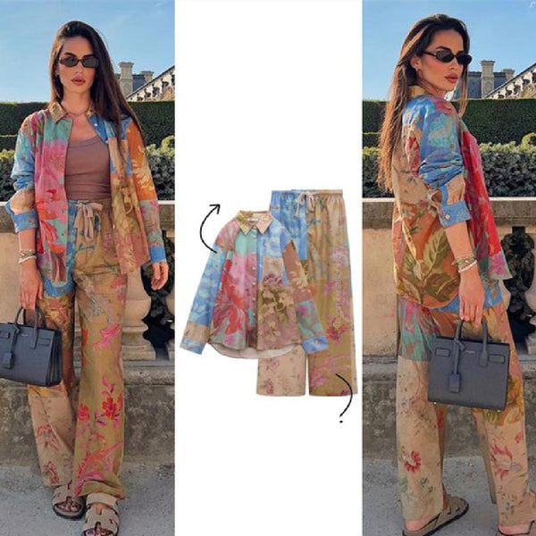 Stitching Printing Shirt Patchwork Pajamas Style Bell-bottom Pants-Suits & Sets-Zishirts