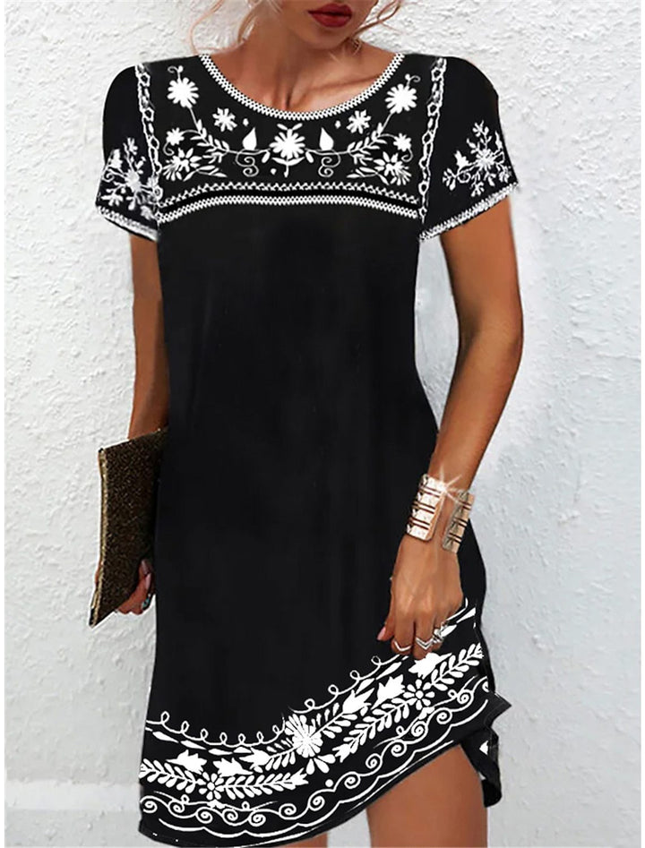 Women's Casual Printed Round Neck Short Sleeve Dress-Womens 2024 March-Zishirts