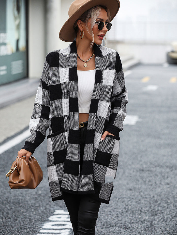 European And American Coat Loose Plaid Color Stitching Knitted Cardigan Fashion Sweater-Sweaters-Zishirts