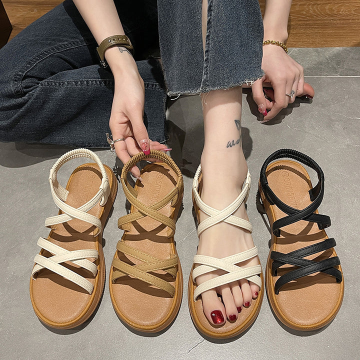 Elastic Band Cover Flat Strap Sandals-Womens Footwear-Zishirts