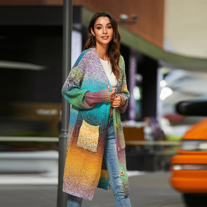 Knitted Sweater Loose Rainbow Long Coat Wool Cardigan-Sweaters-Zishirts