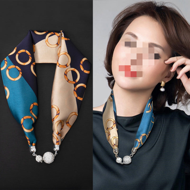 Magnetic Buckle Silk Women Scarf Pearl Necklace-Scarves & Wraps-Zishirts