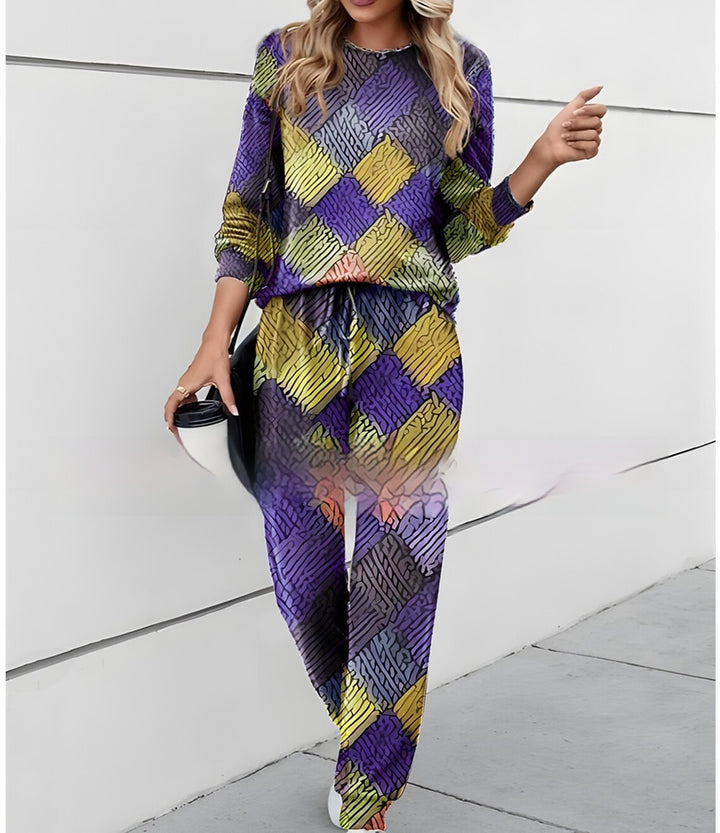 Round Neck Printed Top And Trousers Casual Suit-Women's Outerwear 2023-Zishirts