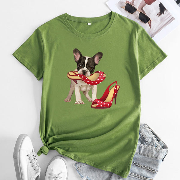 Loose And Cute Dog Print Pure Cotton Round Neck Short Sleeves-Blouses & Shirts-Zishirts