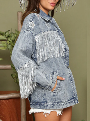 Multicolor Denim Coat Star Sequins Tassel Jacket-Jackets-Zishirts