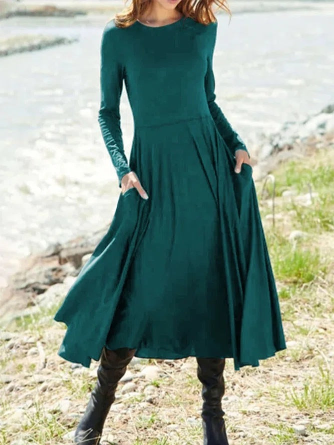 Long Sleeve Round Neck Solid Color Long Women's Clothing Dress-Lady Dresses-Zishirts