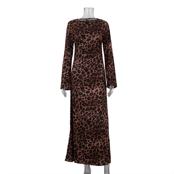 Round Neck Leopard Print High Waist Slim Fit Dress-Lady Dresses-Zishirts