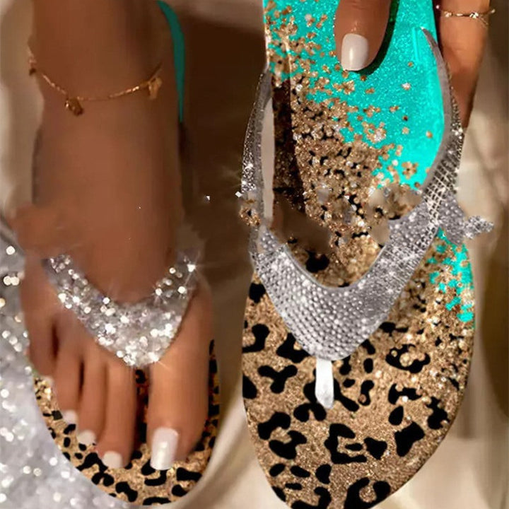 New European And American Flat Bottom Rhinestone Flip-toe 3D Printed Leopard Color Women's Sandals-Womens Footwear-Zishirts