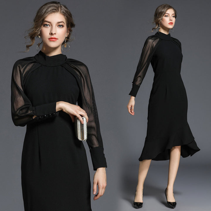 Stylish Temperament Long Sleeves Fishtail Slim Black Dress-Women's Outerwear 2023-Zishirts