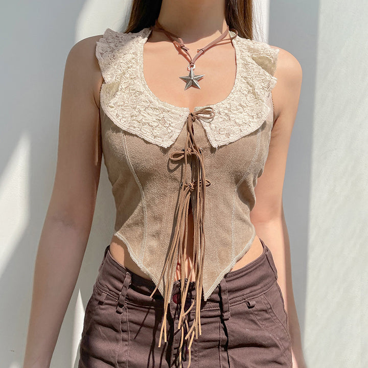 Rural Ancient Lace Stitching Tied Vest For Women-Blouses & Shirts-Zishirts