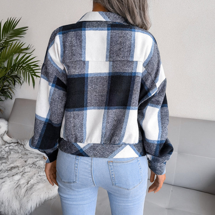 Plaid Lapel Cropped Jacket Fashion Loose Button Long Sleeve Short Outwear Tops Coat For Womens Clothing-Jackets-Zishirts