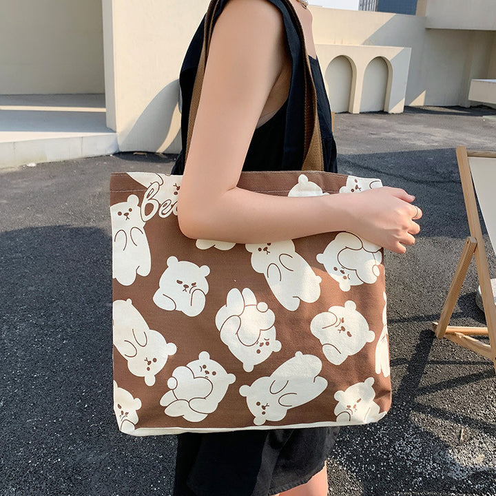 Cute Bear Printed Canvas Bag Women All-match Shoulder Bags Student Large Capacity Daily Handbags-Women's Bags-Zishirts