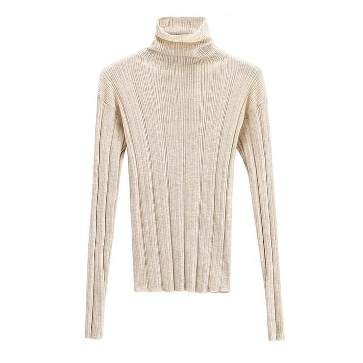 Spring Pile Collar European And American Simple Style Slim Fit Sunken Stripe Turtleneck Long Sleeve Bottoming Sweater-Women's Outerwear 2023-Zishirts