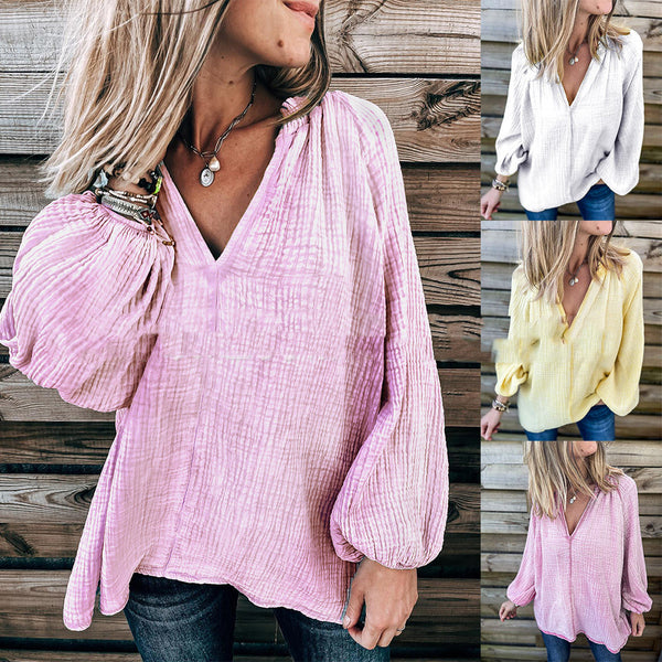 Solid Color Casual Loose Long Sleeve Shirt Top-Blouses & Shirts-Zishirts